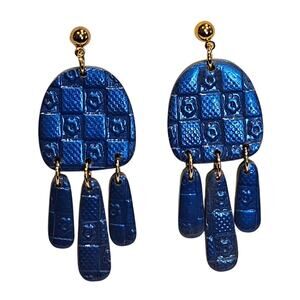 Checkerboard Flower Embossed Polymer Clay Dangle Earrings Boho Festival Casual